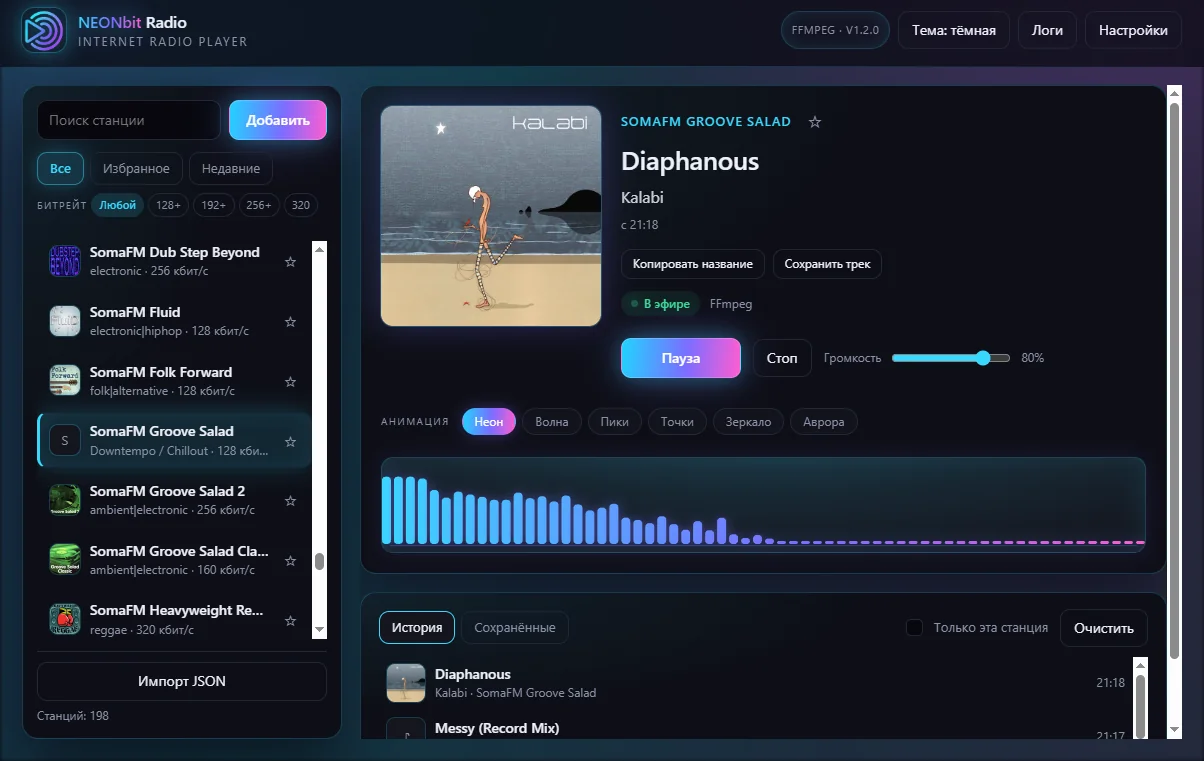 NEONbit Radio: эфир станции, обложка трека и визуализатор