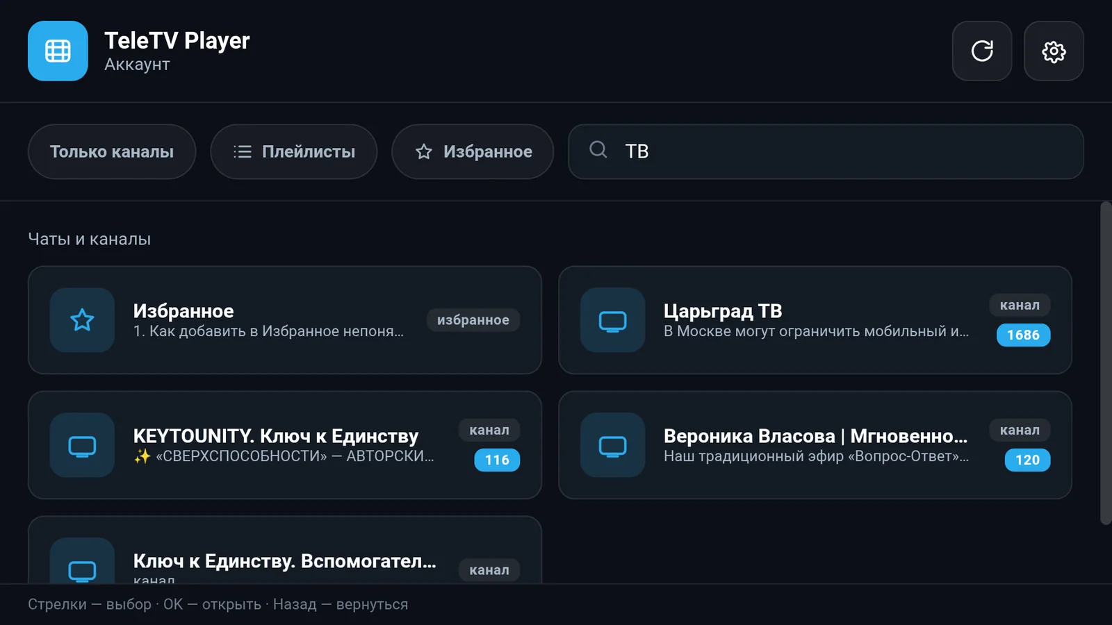 TeleTV Player на телевизоре: список каналов и поиск